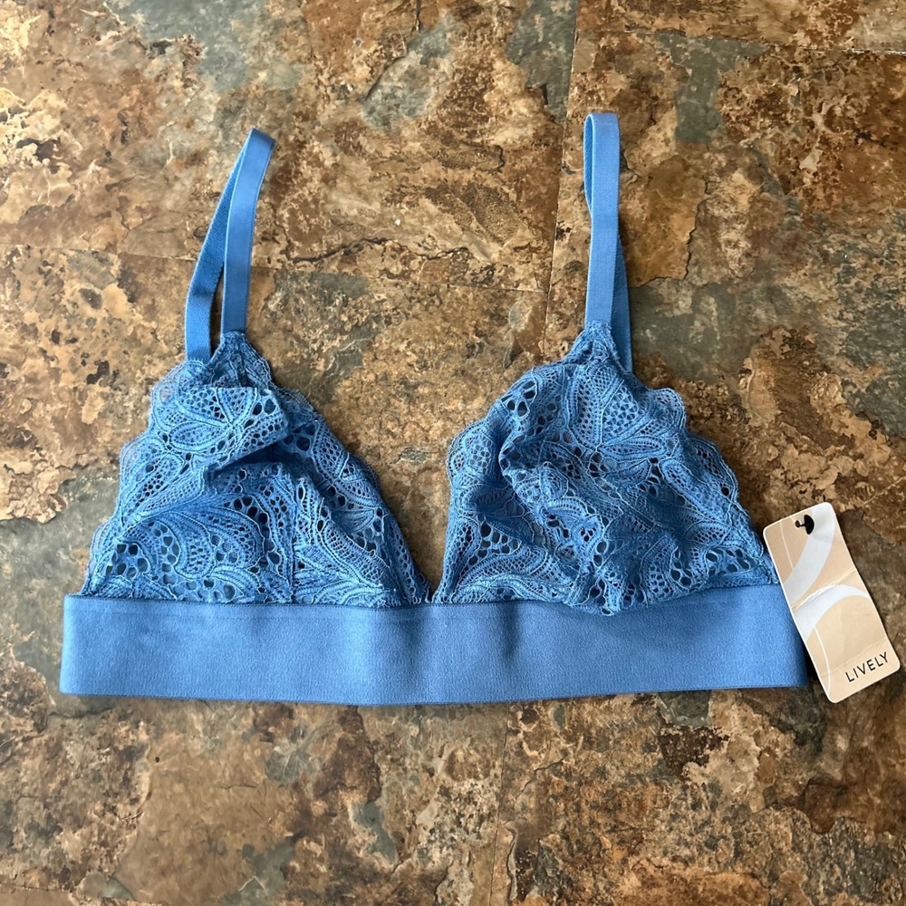 Lively Wireless Unlined Bralette Womens Size Large Blue Sheer Floral Lace
